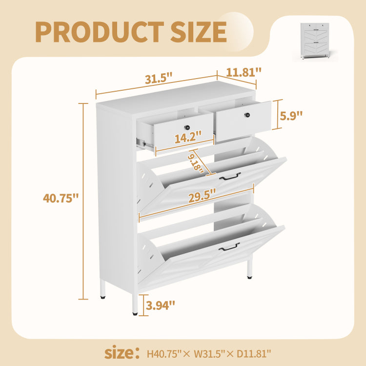 Shoe Cabinet With 2 Flip Drawers And 2 Drawers, Slim Metal Entryway Storage Cabinet, Freestanding 31.5"W X 40.75"H White Organizer With Anti Tip Device
