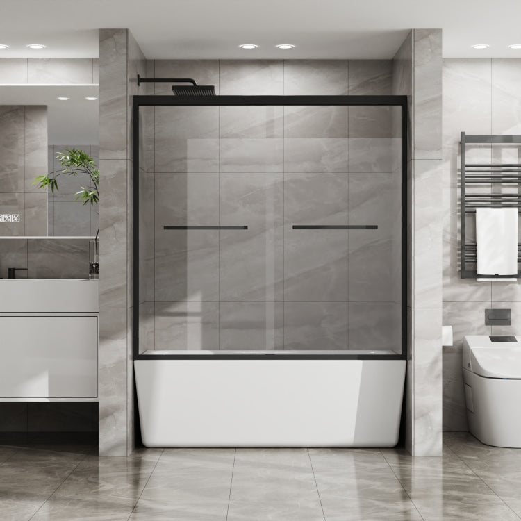 Goodyo Double Sliding Bathtub Shower Door 60 In. W X 58 In. H Aluminum Framed Shower Enclosure For Tub With Sgcc Clear Tempered Glass, Stainless Steel Hardware, Matte Black