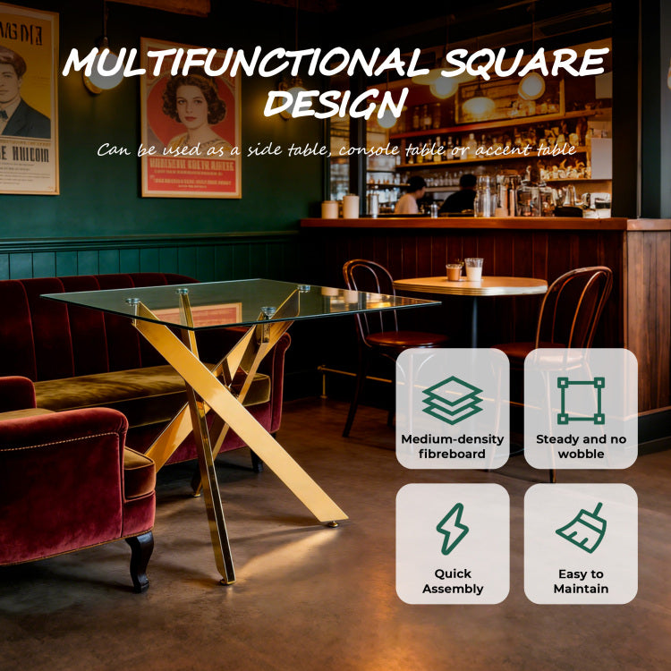Dining Table With Cross Metal Leg And Tempered Glass,Modern Space Saving Kitchen Table For Living Room,Chrome Legs,Square Table,Golden Legs,90X90X75Cm
