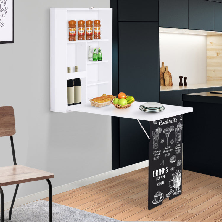 Homcom Wall Mounted Foldable Desk With A Blackboard, Fold Out Convertible Floating Desk With Shelves, White