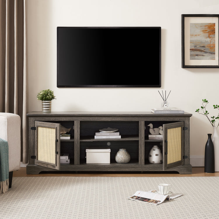 Farmhouse Rattan Tv Stand Console Table For Tvs Up To 70 Inches, Tv Console Table With 2 Storage Shelves, 2 Natural Rattan Door Cabinets, 65"W*15.55"D*23.86"H, Gray