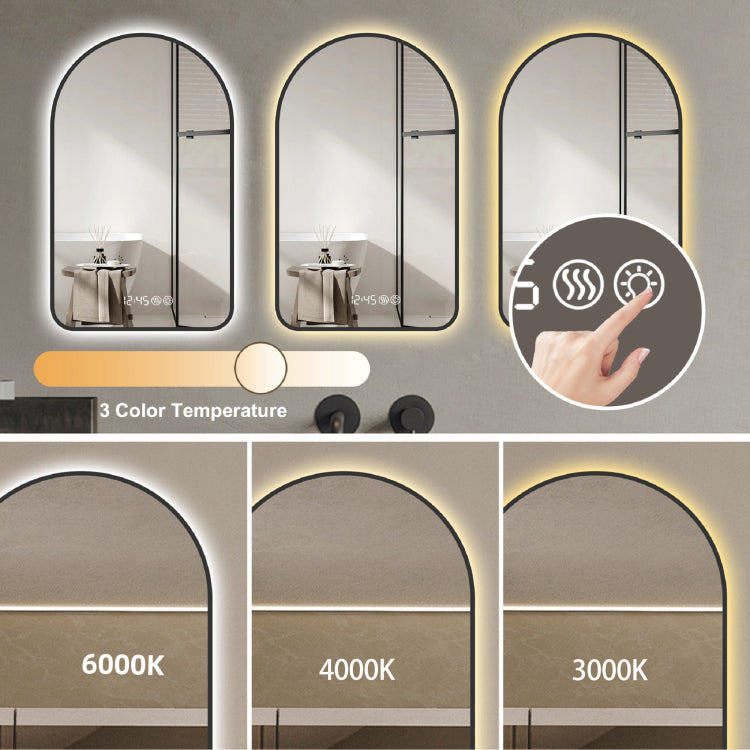 28"X48"Arched Led Mirror For Bathroom,Time And Temperature Display, Backlight, Anti Fog, Dimmable, With Three Color Temperatures Modern Vanity Light Mirror, Perfect For Over Sink,Black Frame