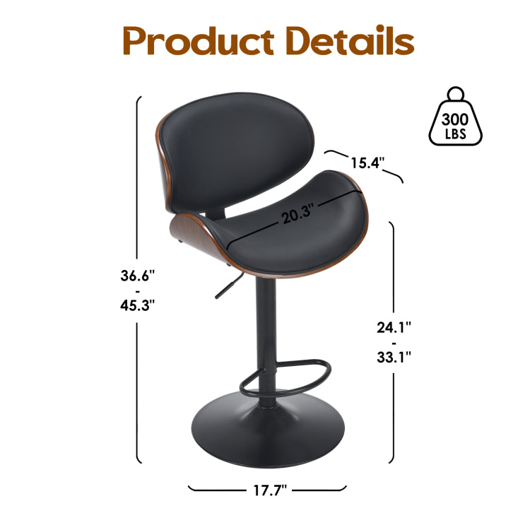 Swivel Bar Stools Set Of 2 Adjustable Height Bentwood Barstools With Pu Leather Upholstered Seat, Backrest And Footrest,Modern Kitchen Counter Chairs For Bar, Dining Room