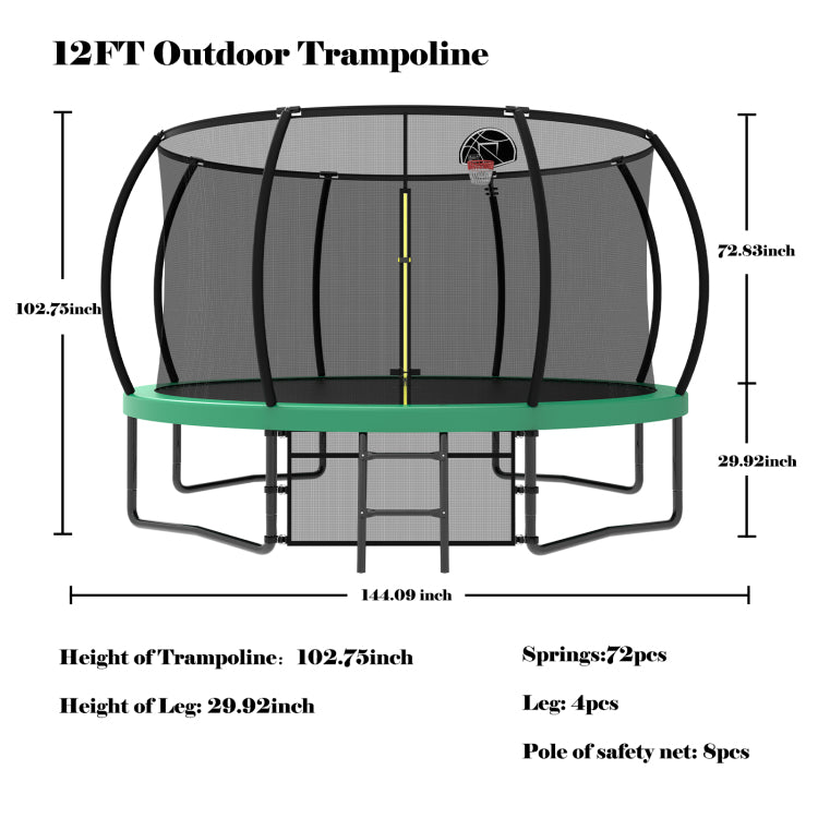 12Ft Recreational Kids Trampoline With Safety Enclosure Net & Ladder, Outdoor Recreational Trampolines