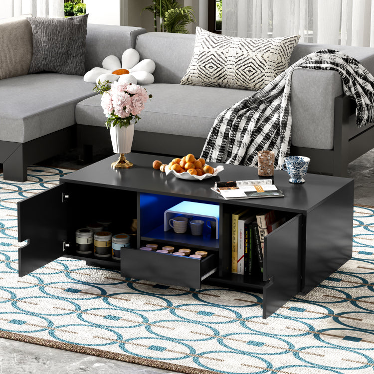 Modern High Glossy Rectangle Coffee Table, Stylish Center Table With Storage Space, Accent Furniture With 16 Color Led Lights For Living Room