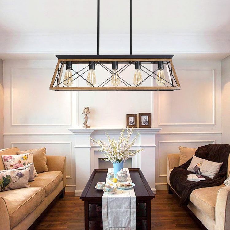 32" Walnut Industrial 5 Light Pendant Chandelier, Modern Metal Cage Design, Adjustable Hanging Light For Dining Room, Kitchen, Living Room No Bulbs