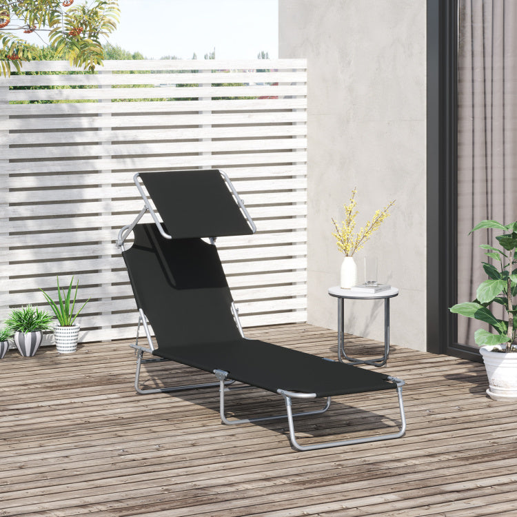 Outsunny Outdoor Lounge Chair, Adjustable Folding Chaise Lounge, Tanning Chair With Sun Shade For Beach, Camping, Hiking, Backyard, Black