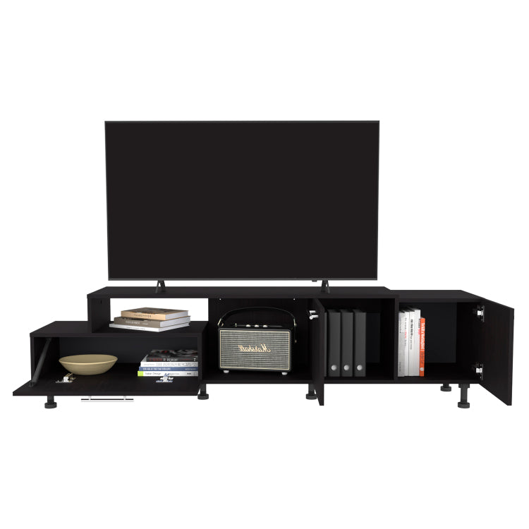 Athol 69" Wide Two Tier Tv Stand Black With One Pull Down Door Cabinet, One Double Door Cabinet And Two Shelves, Cable Management, Living Room Black Wengue