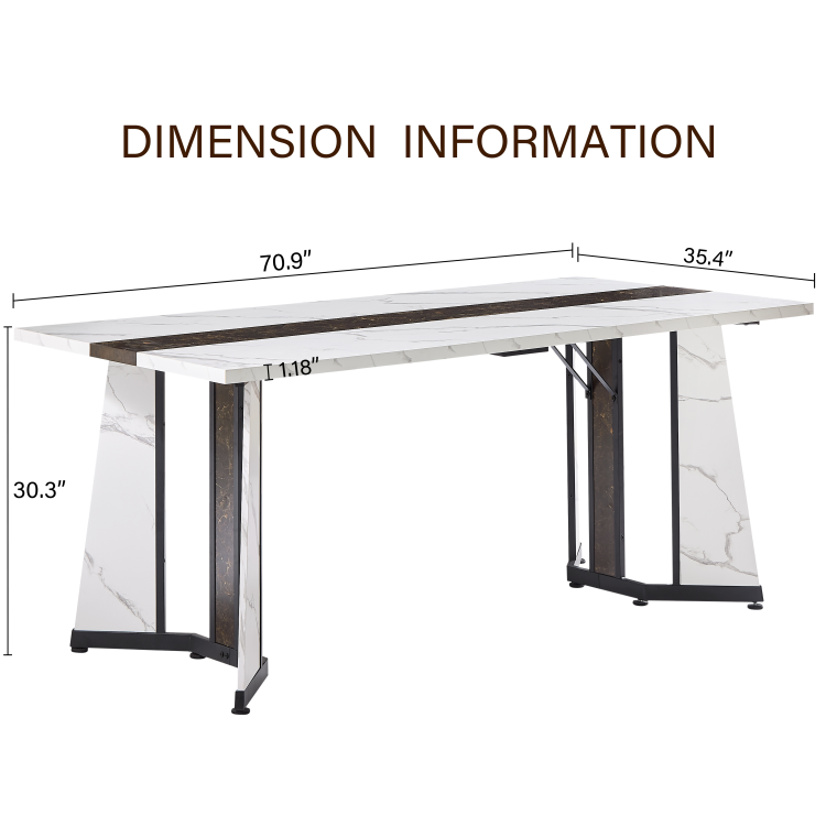 70.9"Rectangular Large Dining Table, Marble Grain Waterproof Large Desk For 8 People, Deluxe Family Dining Table With Adjustable Legs For Kitchen,Living Room,Office, White,70.9''W X 35.4''D X