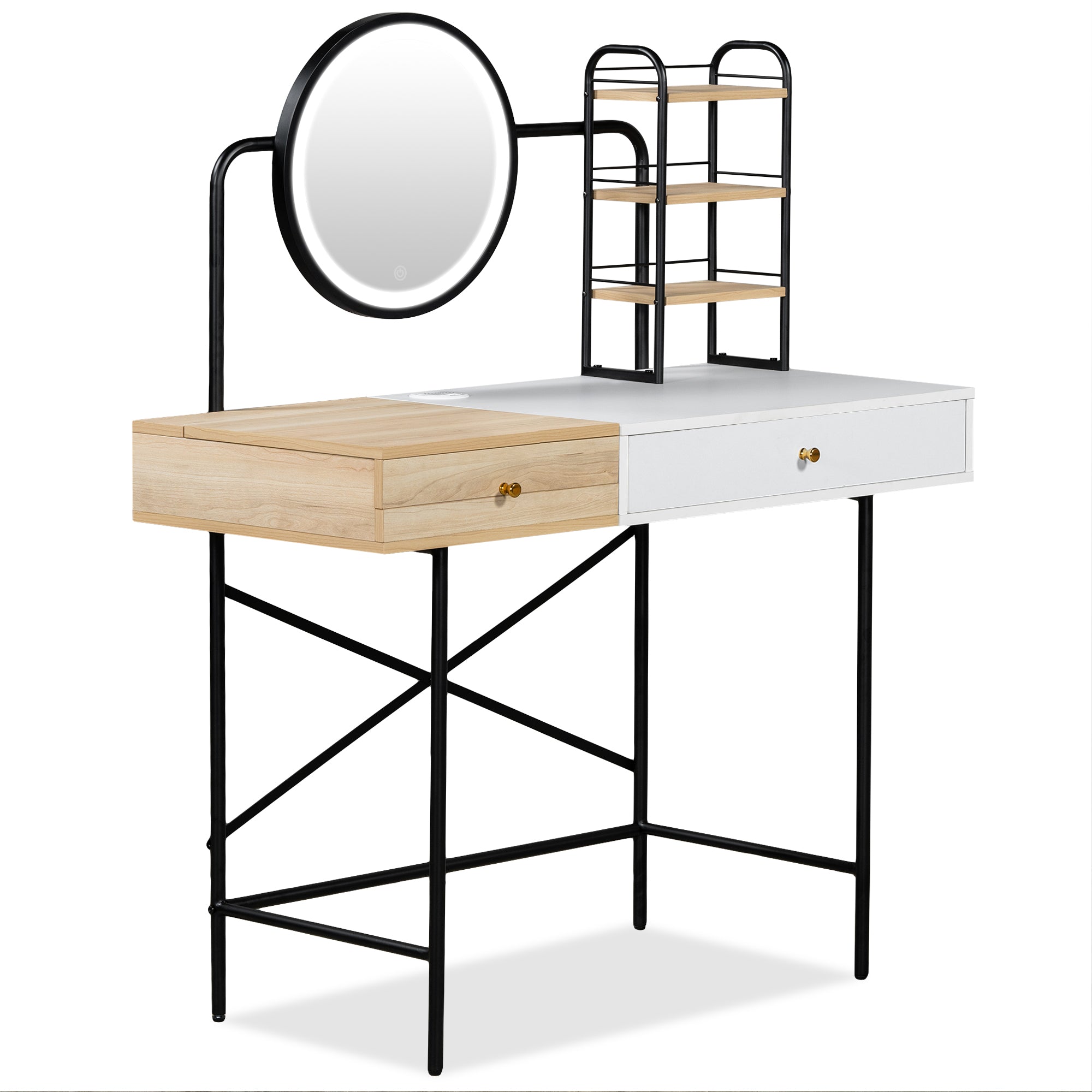 40" Makeup Vanity Desk With 3 Mode Lighted Mirror & Wireless Charging Station , Vanity Table With Drawer & 3 Open Shelves For Ample Storage Space, Dressing Table For Bedroom, White