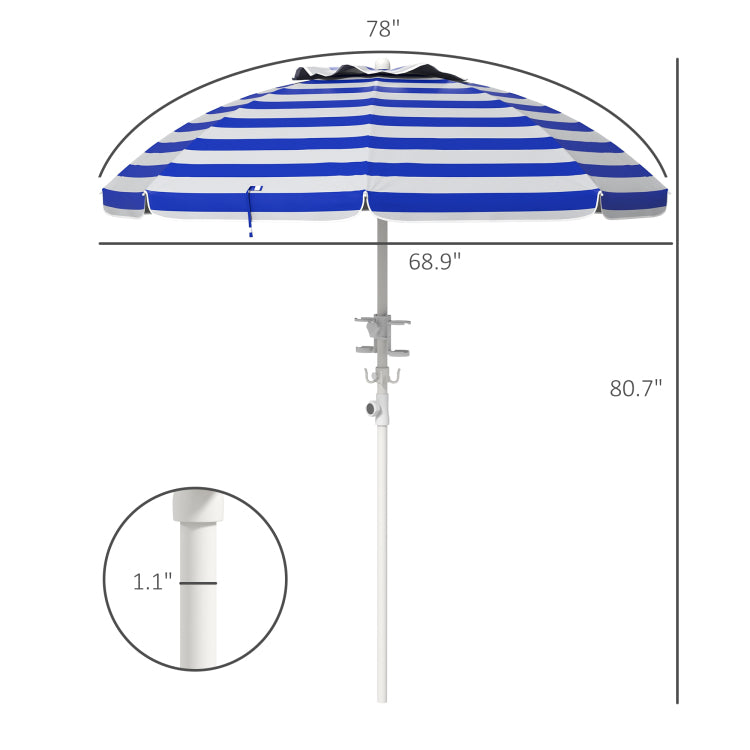 Outsunny 5.7' Portable Beach Umbrella With Tilt, Adjustable Height, 2 Cup Holders & Hooks, Uv 40 Ruffled Outdoor Umbrella With Vented Canopy, Blue White Stripe