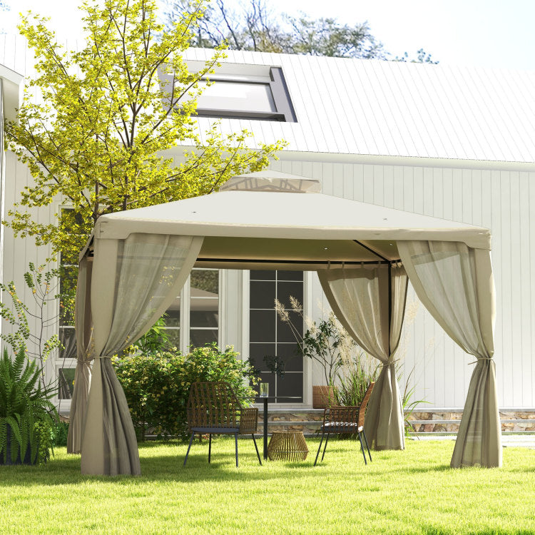 Outsunny 9.6' X 11.6' Patio Gazebo, Outdoor Canopy Shelter With 2 Tier Roof And Netting, Steel Frame For Garden, Lawn, Backyard, And Deck, Cream White