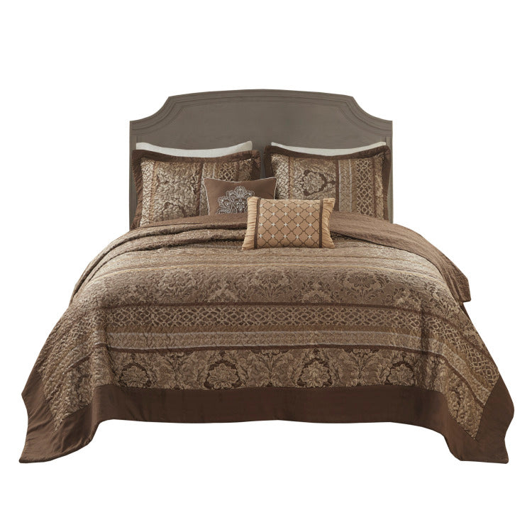 5 Piece Reversible Jacquard Bedspread Set Brown Gold Queen