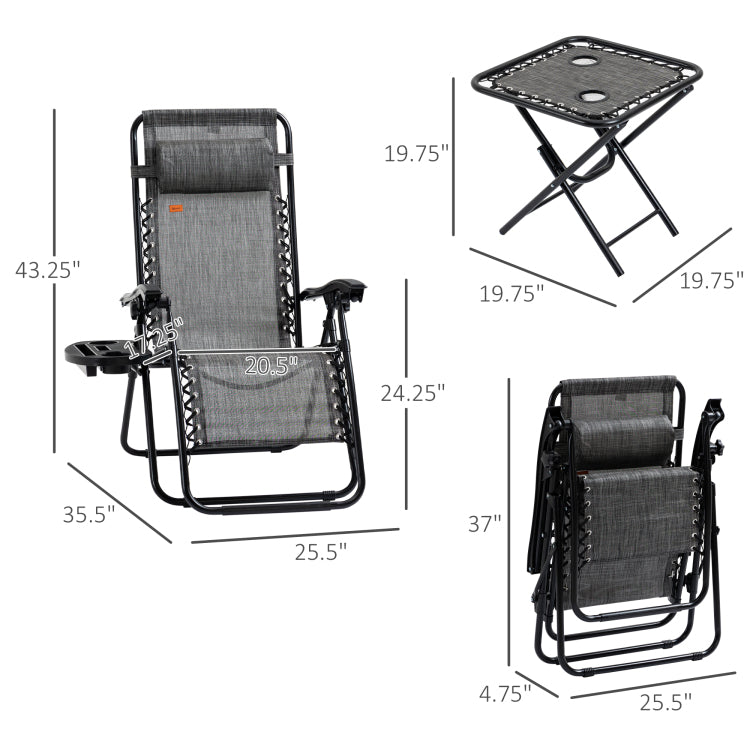 Outsunny Zero Gravity Chair Set With Side Table, Folding Reclining Chair With Cupholders & Pillows, Adjustable Lounge Chair For Pool, Backyard, Lawn, Beach, Gray