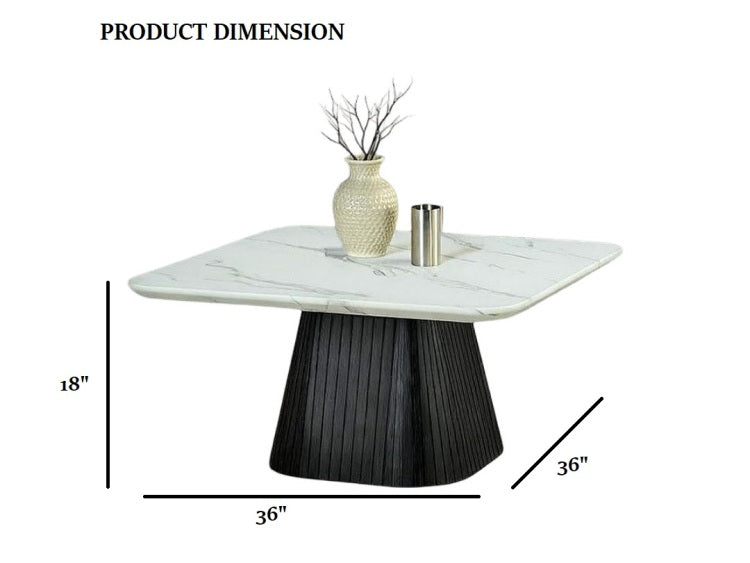 Contemporary Style Square Coffee Table Faux Marble Top Reeded Drum Base Black Finish Primary Living Room