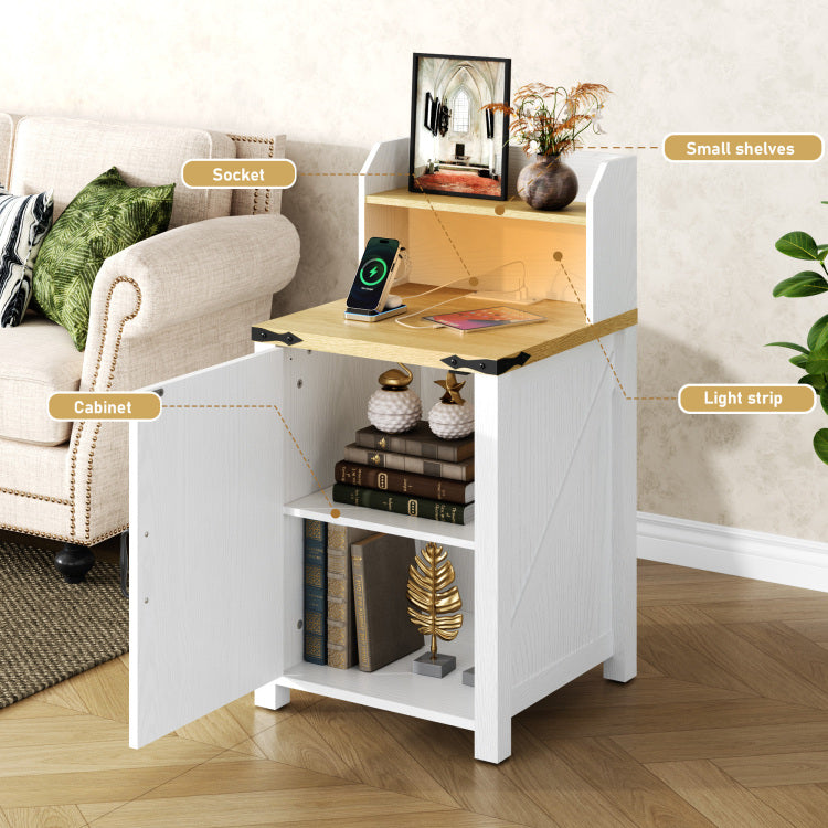 Okd Nightstand With Charging Station, 18 Inch Farmhouse End Table With Barn Door And Adjustable Storage Shelf, Rustic Wood Sofa Side Table W Magnetic Door For Living Room, Bedroom, Antique White