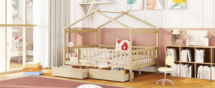 Full Size Wooden House Bed With Two Drawers, Natural