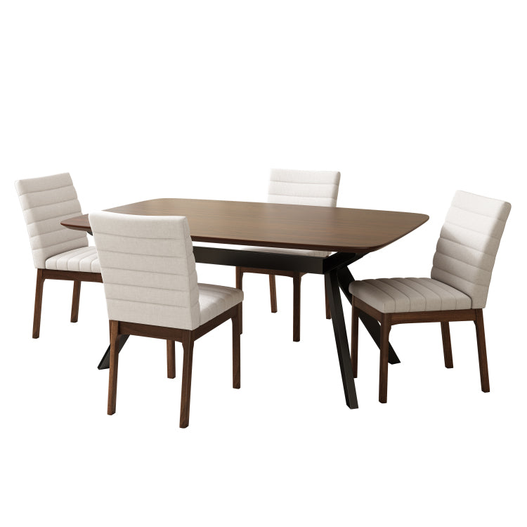 5 Pieces Upholstered Dining Set With Rubberwood Frame, Light Beige Walnut Black