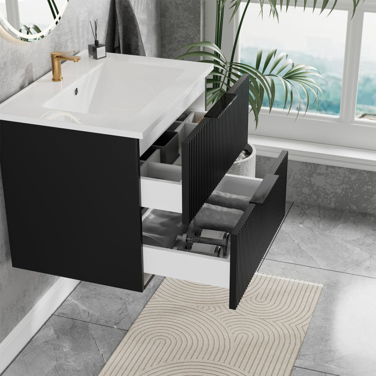 24 Inch Bathroom Vanity Cabinet With Ceramic Sink Black Wall Mounted Floating Fluted Vanity With Drawers, Modern