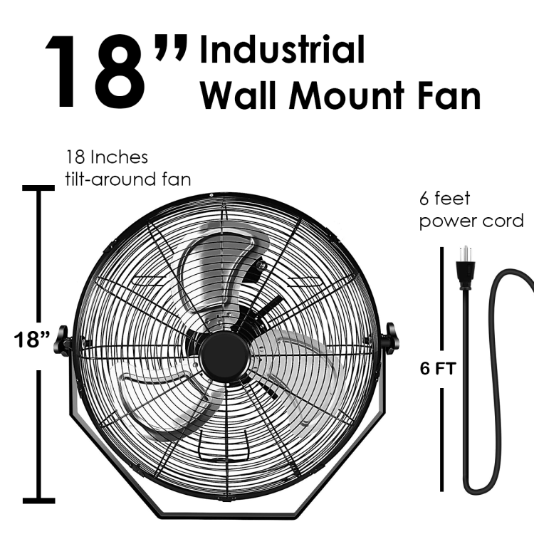 18 In. Black Industrial Wall Mount Fan 3 Speed Indoor Outdoorcommercial Ventilation Metal High Velocity Fan