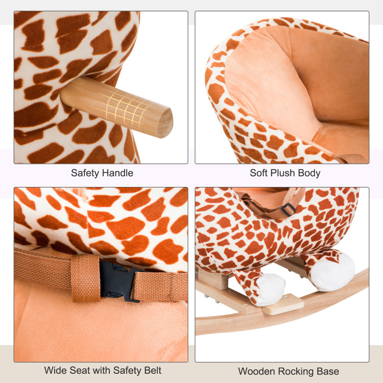 Qaba Kids Plush Rocking Horse Giraffe Style Themed Ride On Chair Toy With Sound Brown
