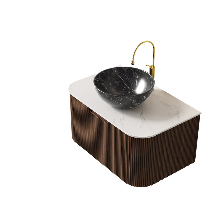 Dina 30" Bathroom Vanity With Sink, Wall Mounted Curved Edges Striped Bathroom Storage Cabinet With Drawer, Black Bowl Ceramic Basin With Stone Pattern, Pre Assembled, Dark Walnut Woodgrain Color