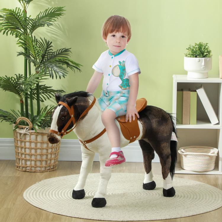 Qaba Ride On Horse For Toddlers 3 8 Years Old, Riding Horse With Neighing Sound, Stuffed Animal Horse Toy For Kids With Padding, Brown