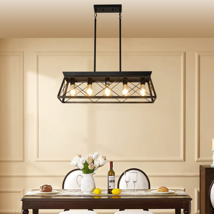 32" Black Gold Industrial 5 Light Pendant Chandelier, Modern Metal Cage Design, Adjustable Hanging Light For Dining Room, Kitchen, Living Room No Bulbs