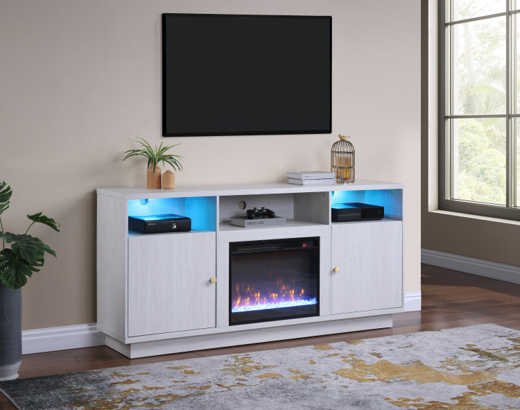 Ambrose 70"W White Walnut Finish Fireplace Console Tv Stand With Heater, Led Light, Cabinets, Shelves