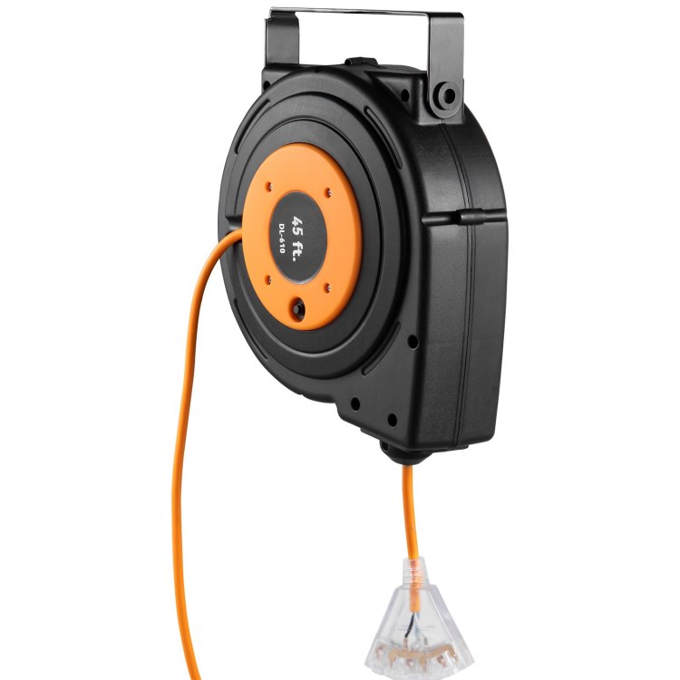 Retractable Extension Reel, Heavy Duty 12Awg 3C Sjtow Power Cord 45 Ft 12Awg, Black