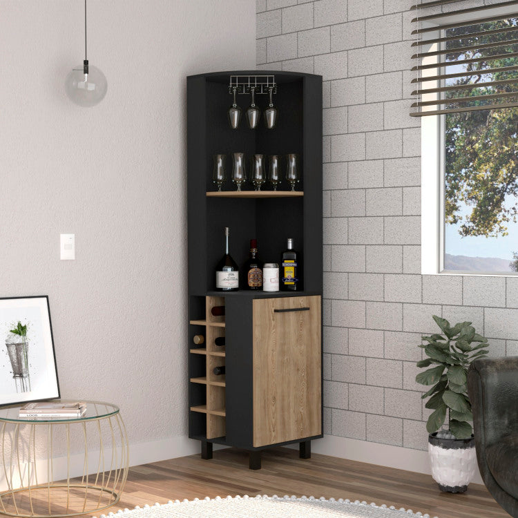 Corner Bar Single Door Cabinet Two Shelves, Ten Built In Wine Rack, Two Interior Shelves, Black Pine