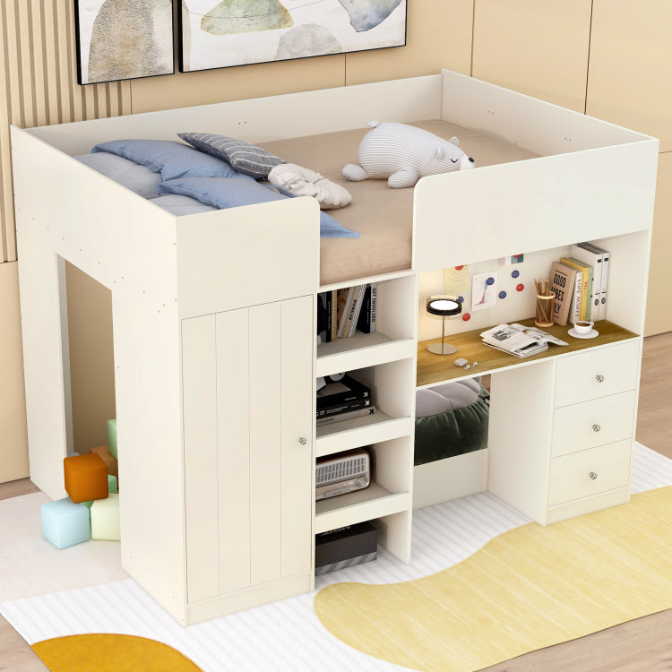 Wood Full Size Loft Bed With Built In Wardrobe, Desk, Storage Shelves And Drawers, Beige