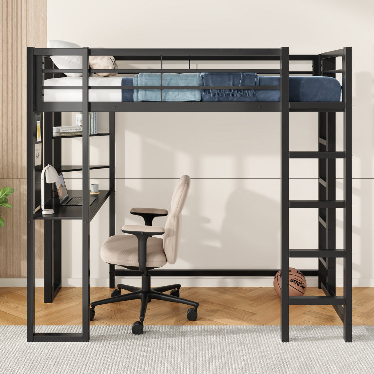 Loft Bed With Desk, Metal Loft Bed Twin Size, Loft Bed Frame With Desk And Storage Compatible With Boys Girls Teens, Black Bedroom Bed Frame
