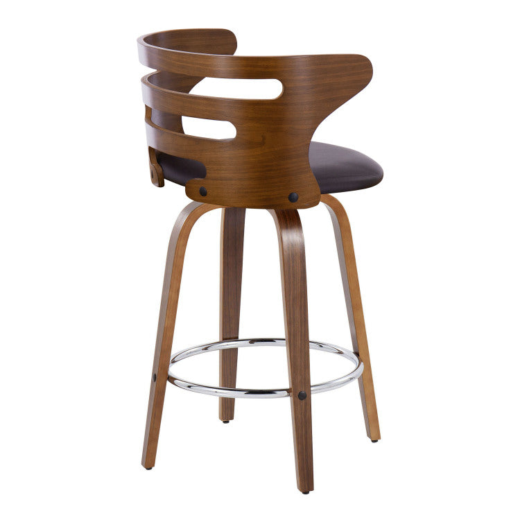 26" Mid Century Modern Fixed Height Barstool With Swivel In Walnut Wood And Brown Faux Leather With Round Chrome Metal Footrest Set Of 2