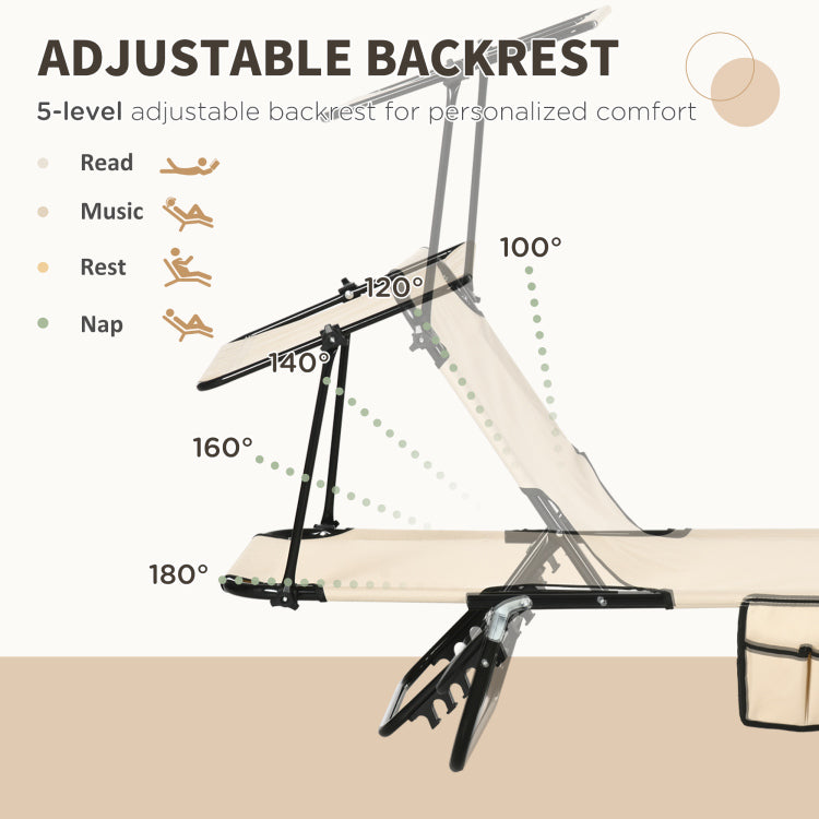 Outsunny Folding Chaise Lounge Pool Chairs, Outdoor Sun Tanning Chairs With Canopy Shade, Reclining Back, Steel Frame And Side Pocket For Beach, Yard, Patio, Tan