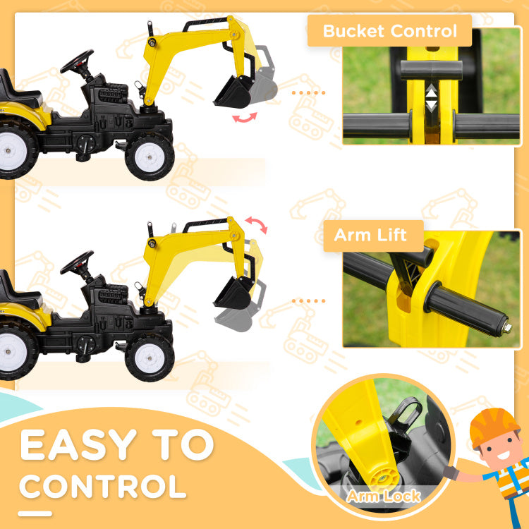 Aosom Kids Ride On Excavator, Pedal Digger, Construction Truck With Horn For Kids And Toddlers 3 , Yellow