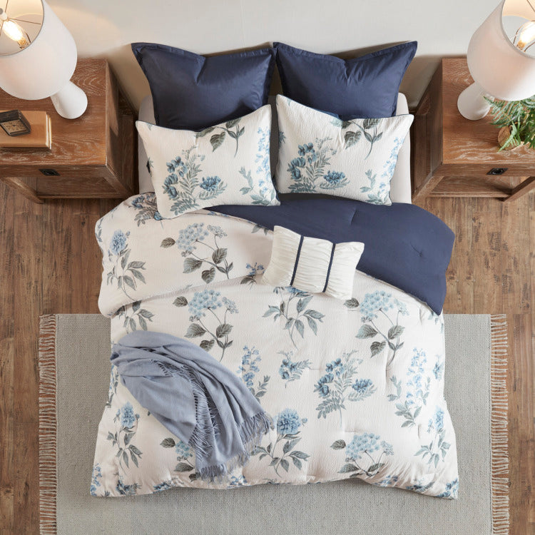 7 Piece Printed Seersucker Comforter Set With Throw Blanket Blue Full Queen