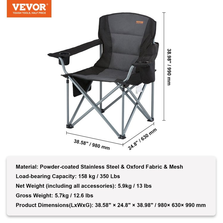 Camping Folding Chair For Adults, Portable Heavy Duty Outdoor Quad Lumbar Back Padded Arm Chairs With Side Pockets, Cup Holder And Cooler Bag For Beach, Lawn, Picnic, Fishing, Backpacking, Black