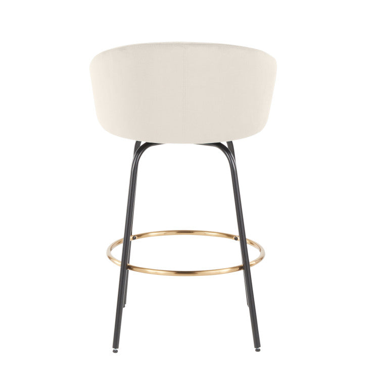 26" Contemporary Fixed Height Counter Stool With Swivel In Black Metal And Cream Velvet With Gold Metal Accents Set Of 2