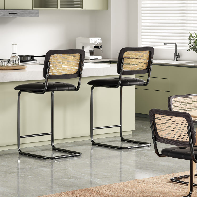 Counter Height Bar Stools Set Of 2, Upholstered Pu Leather Barstools With Rattan Back, 26 Inch Stools Armless Bar Chairs For Kitchen Island, Black