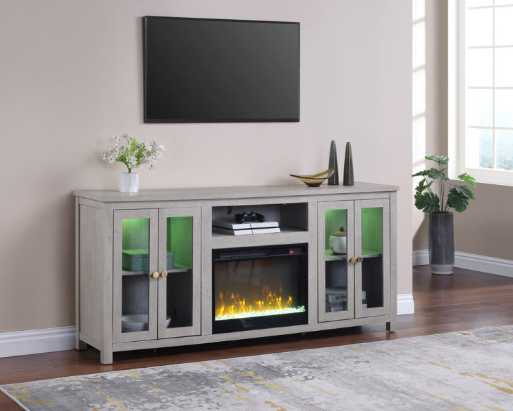 Emerson 70"W Light Gray Finish Fireplace Tv Stand Console With Heater, Led Light, Cabinets, Shelves