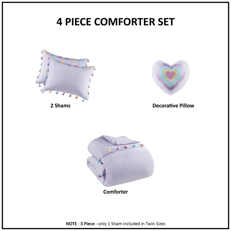 3 Pcs Twin Tassel Comforter Set With Heart Shaped Throw Pillow Lavender