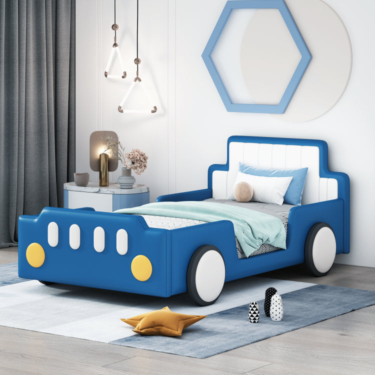 Twin Size Race Car Shaped Platform Bed With Wheels,Blue