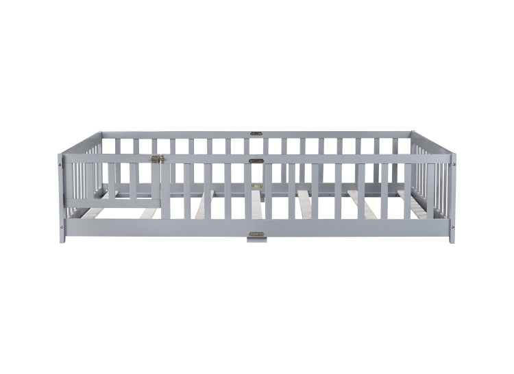 Full Size Floor Bed With Fence And Door,Rubber Wood Floor Bed With Safety Guardrails,Grey