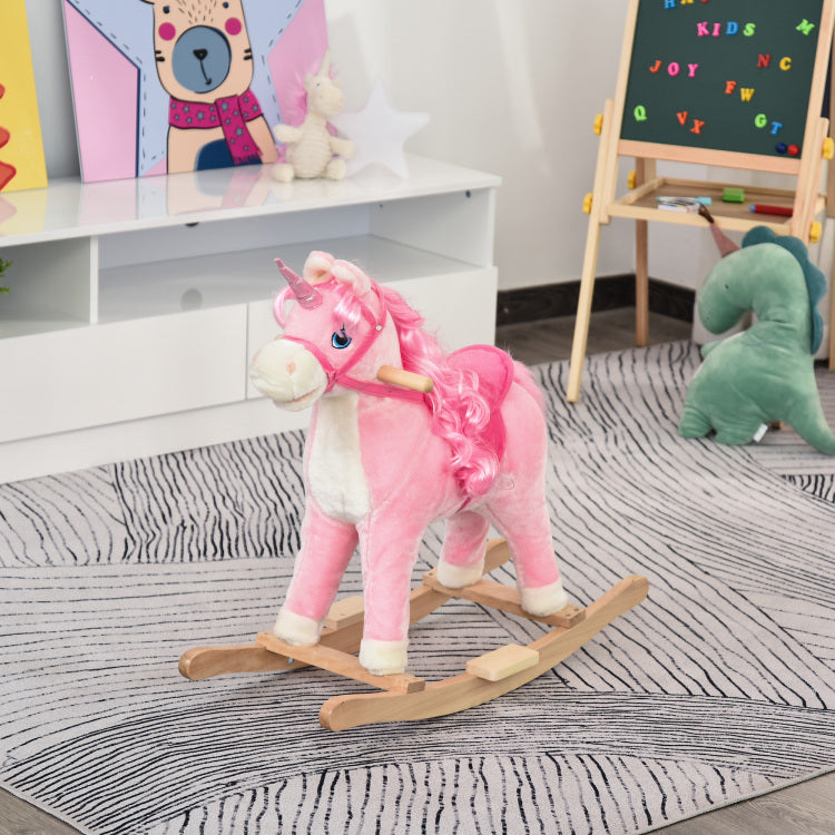 Qaba Rocking Horse, Kids Ride On Horse Unicorn Design With Wooden Base, Tail Wag & Sounds For Toddlers 3 6 Years Old, Pink