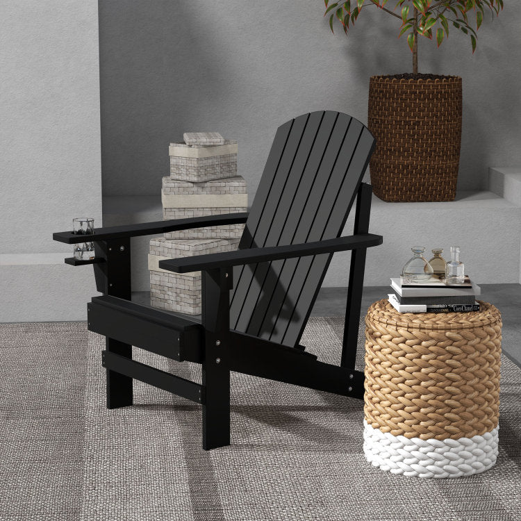Outsunny Wooden Adirondack Chair, Outdoor Patio Lawn Chair With Cup Holder, Weather Resistant Lawn Furniture, Classic Lounge For Deck, Garden, Backyard, Fire Pit, Black