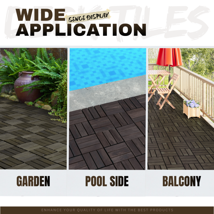 Acacia Wood Interlocking Deck Tiles Checker Pattern, 10Pcs 12" X 12" Square Dark Brown Acacia Hardwood Outdoor Flooring For Patio, Bancony, Pool Side