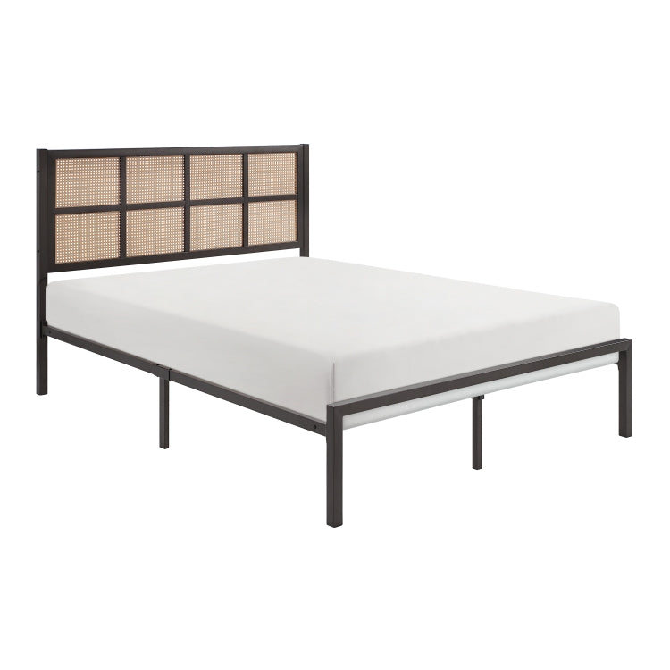 1Pc Queen Platform Bed, Metal Frame Dark Bronze Finish Faux Cane Panel Headboard Casual Coastal Bedroom Furniture, Bed In A Box