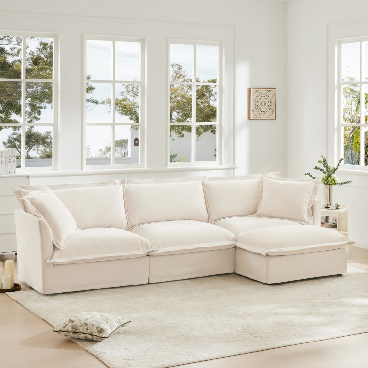 L Shaped Slipcovered Sectional Sofa Couch, Comfy Chenille Deep Seat Cloud Couch With Convertible Ottoman & 2 Big Pillows, Modern Oversized 3 Seater Slipcovered Sofa Set For Living Room Office, Cream