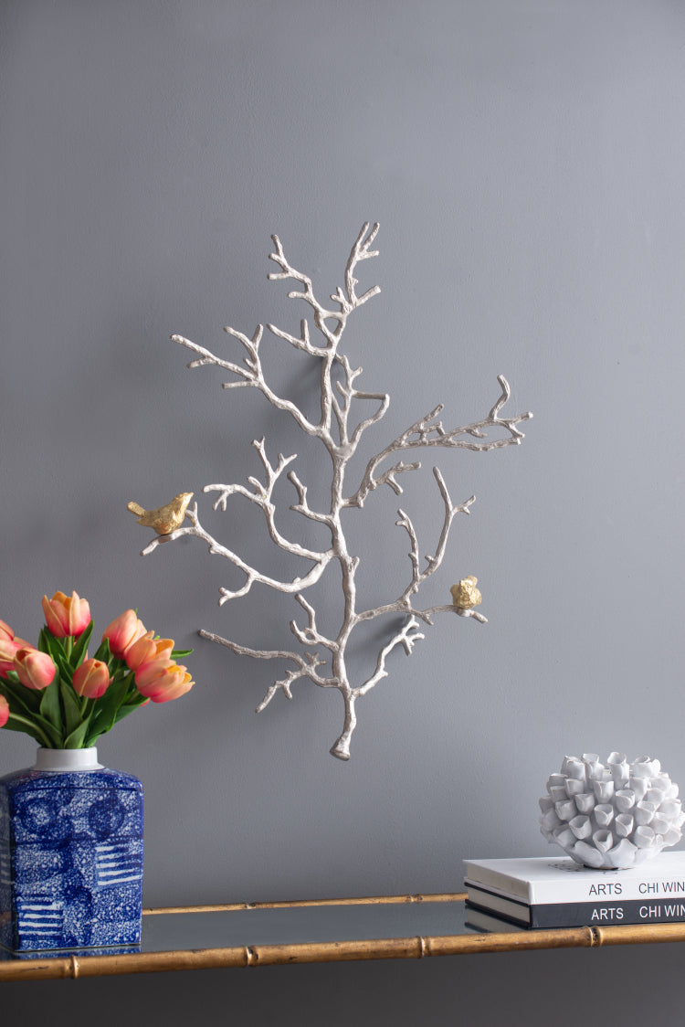 17X5.5X22" Metal Branch Wall Sculptures With Bird Accents, Set Of 2
